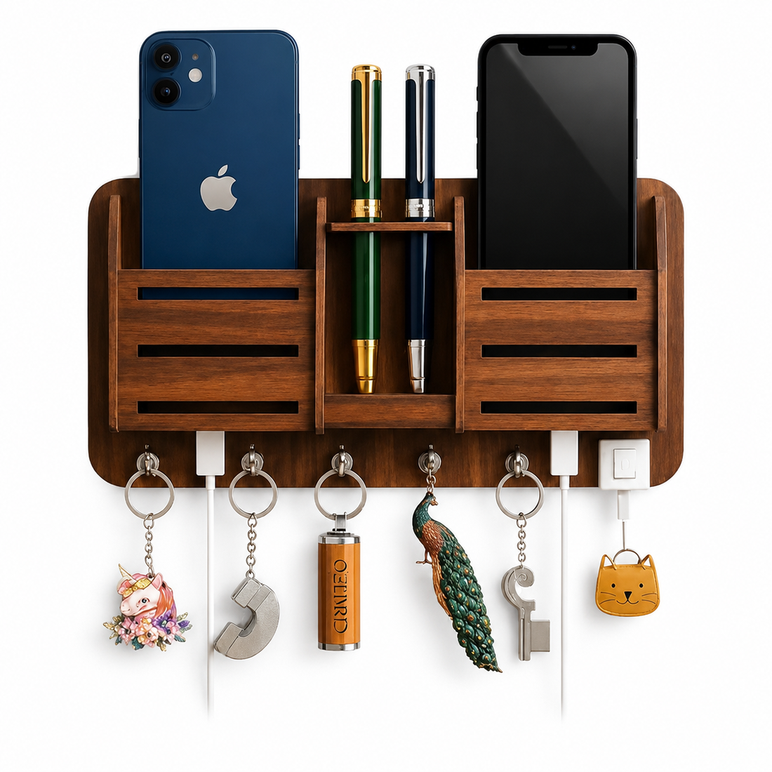 Craftzo Premium Phone Stand Brown Wood Key Holder (6 Hooks, Brown)